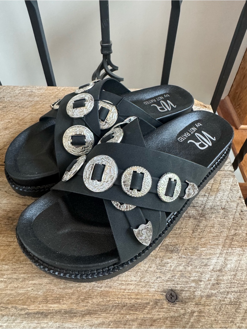 Not Rated Black Concho Slide Sandals - Picture 1 of 5